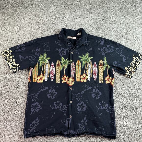 Paradise Blue Hawaiian Shirt Large Black Surf Boards Wrap Around Button Up - Picture 2 of 9